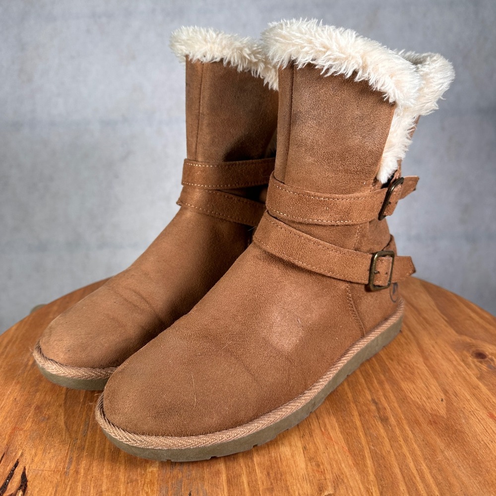 Airwalk Buckle Strap Faux Fur Winter Boots Womens 8 Brown Good Condition